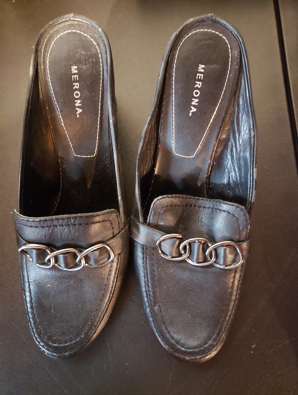 Merona Black Faux-Leather Chain-Trim Slip-On Mules